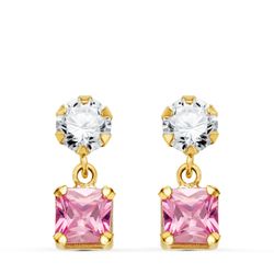 Pendientes Oro 18kts Circonita Colgante Circonitas Rosa 14x5mm N8987-3PRS