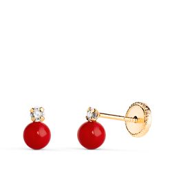 Pendientes Oro 18kts Circonitas & Bola Roja N3965-4ATC 7x4,5mm
