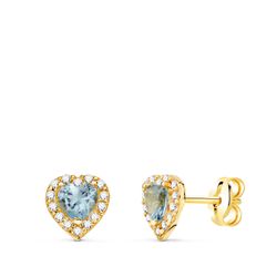 Pendientes Oro 18kts Corazón Circonitas Aguamarina Bicolor Blancas 6,5x6,5mm N9848-3PAM