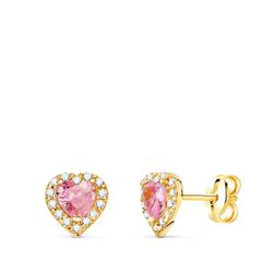 Pendientes Oro 18kts Corazón Circonitas Rosa Bicolor Blancas 6,5x6,5mm N9848-3PRS