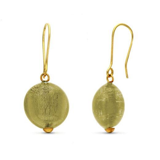 18kt Gold Earrings Green Murano Glass 33X14mm 15348-VE