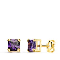Pendientes Oro 18kts Cuadrados Piedra Color Amatista 5,5X5,5mm Cierre Presion 21322-AT