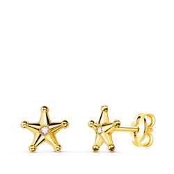 Pendientes Oro 18kts Estrella Sheriff Bolitas Circonitas 7X7mm Cierre Presion 21348
