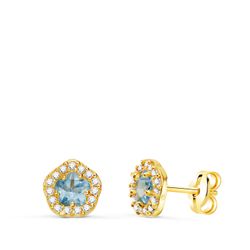 Pendientes Oro 18kts Flor Circonitas Aguamarina Bicolor Blancas 7x6,5mm N9849-3PAM