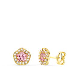 Pendientes Oro 18kts Flor Circonitas Rosa Bicolor Blancas 7x6,5mm N9849-3PRS
