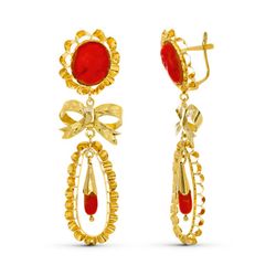 Pendientes Oro 18kts Lagrima Coral Camafeo 8523 55x17mm