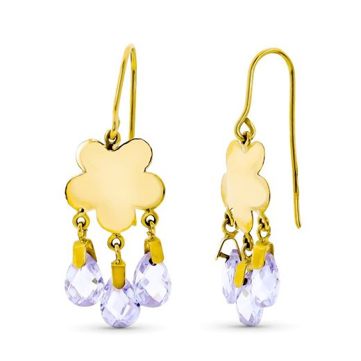 18kt Gold Earrings Long Flower 3 Stones Mauve 15256-MA