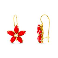 Pendientes Oro 18kts Largo Flor Coral 6X3mm Circonita 15268-C