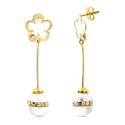Pendientes Oro 18kts Largos Flor Perla Presión 15883
