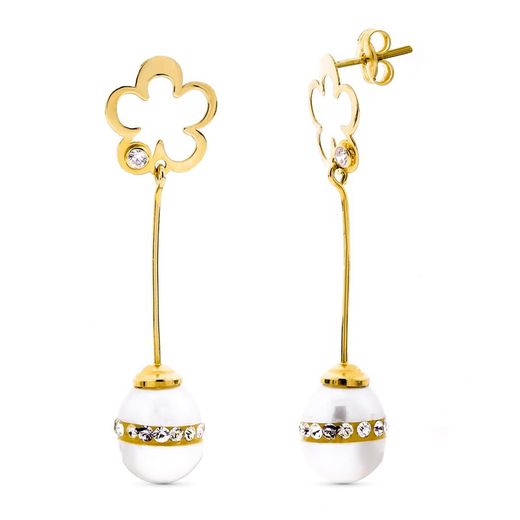 Brincos longos de pressão com pérolas e flores em ouro 18kt 15883