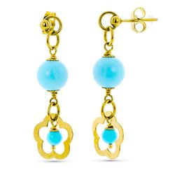 Pendientes Oro 18kts Largos Turquesa Flor Calada Presión 11489