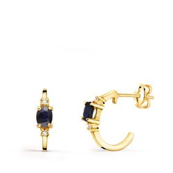Pendientes Oro 18kts Medio Aro Liso Zafiros 12X3mm Cierre Presión 21284-ZA