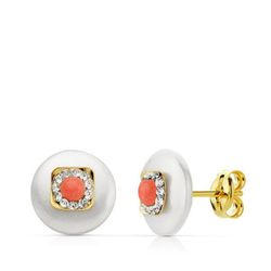 Pendientes Oro 18kts Nacar 9mm Coralina 3mm Presión 18779-C