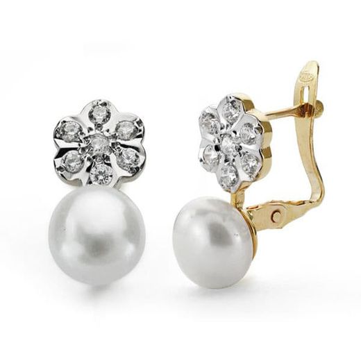 Pendientes Oro 18kts Perla 7mm Flor Catalán 18585