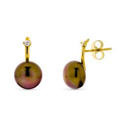 Pendientes Oro 18kts Perla Botón 10mm Marron 15588-OAMR