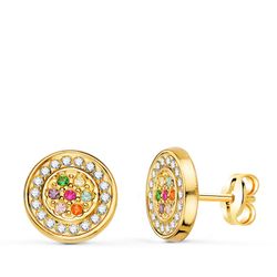 Pendientes Oro 18kts Redondos Circonitas Multicolor 9mm Cierre Presion 21346