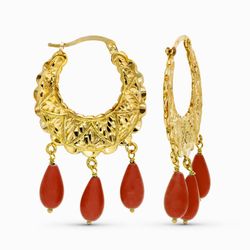 Pendientes Oro 18kts Tallados Lagrima Coral 11979-C