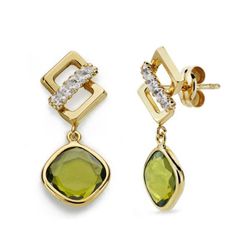 Pendientes Oro 9kts 23x10mm 9K18554-VE Piedra Verde Y Circonitas