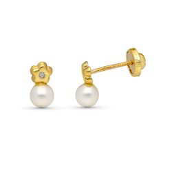 Pendientes Oro 9kts 9x5mm 9KP21080-OA Diamantes 0.02 CTS y Perlas