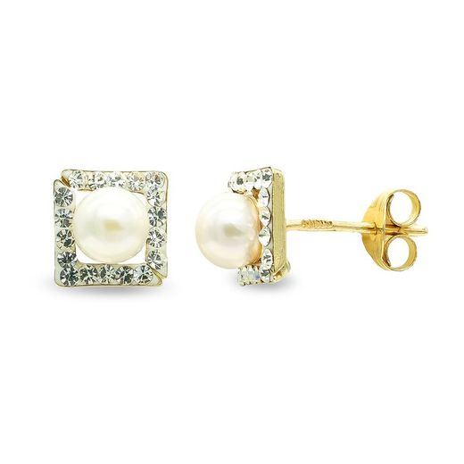 9kt Gold Bicolor Silver Earrings 4mm 9K21103 Pearl and Zirconia