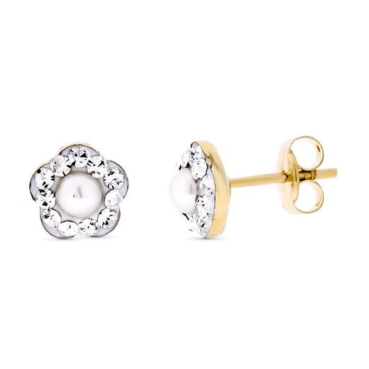 Brincos Ouro 9kts Prata Bicolor 6mm 9K21256 Pérola e Zircões