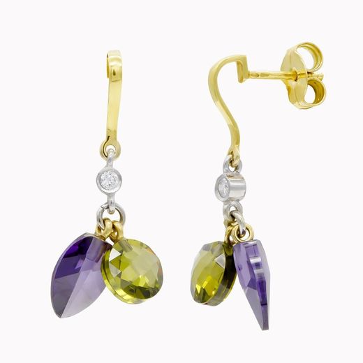 Pendientes Oro Bicolor 18kts Amatista Olivina 15370-ATOL