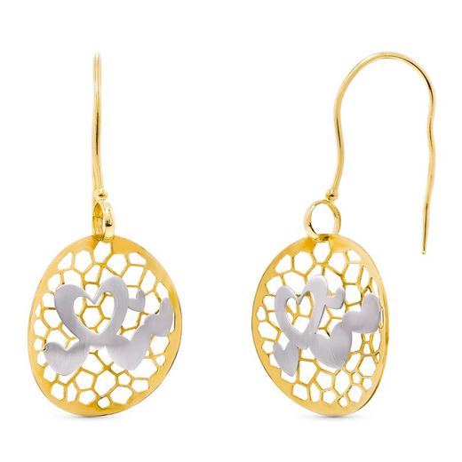 Pendientes Oro Bicolor 18kts Largos Corazones Calados 40X19mm Gancho 15532