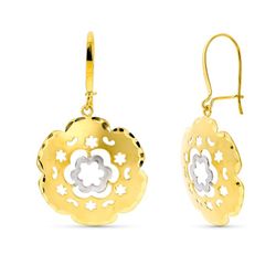 Pendientes Oro Bicolor 18kts Largos Flor Gancho 11935