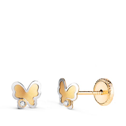 Pendientes Oro Bicolor 18kts mariposa con circonitas 18460 5,2x5mm