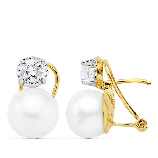Two-tone 18kt Gold Pearl Button Earrings 9.5mm 18921