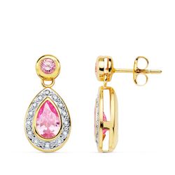 Pendientes Oro Bicolor 18kts Piedra Rosa 19X9mm 16998-RO