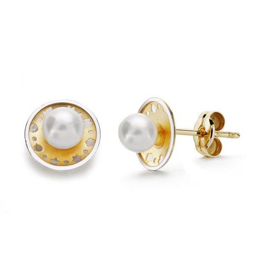 Pendientes Oro Bicolor 18kts Redondo Perla 8mm Presión 18668