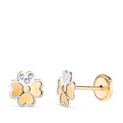 Pendientes Oro Bicolor 18kts Trébol C. Circonitas 18459 6,5x6,5mm