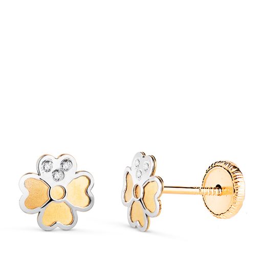 Pendientes Oro Bicolor 18kts Trébol C. Circonitas 18459 6,5x6,5mm
