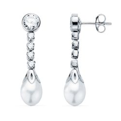 Pendientes Oro Blanco 18Kts 27x6,5mm 21396 Perla Chaton Circonitas