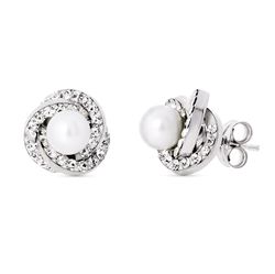 Pendientes Oro Blanco 18kts Nudo Perla 9X9mm Presión 18253-P