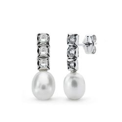 Pendientes Oro Blanco 18kts Perla Circonita 16X6mm 15941