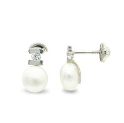 Pendientes Oro Blanco 9kts 10x6mm 9K18205 Circonita Y Perla