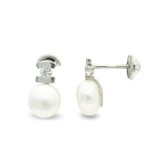 Pendientes Oro Blanco 9kts 10x6mm 9K18205 Circonita Y Perla