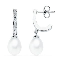 Pendientes Oro Blanco 9kts 25x7mm 9K15432 Perla Y Circonitas