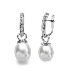 Pendientes Oro Blanco 9kts 28x9mm 9K18511 Perla Y Circonitas