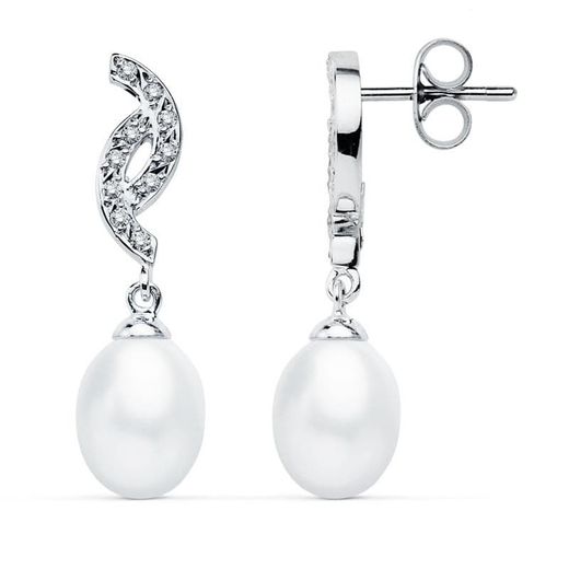 9kt White Gold Earrings 30x9mm 9K15429 Pearl and Zirconia