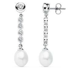 9kt White Gold Earrings 40x10mm 9K18242 Pearl and Zirconia