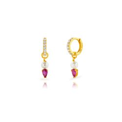 Pendientes Plata Dorada 11x10mm PEZ1634DOZR Aro Colgante Circonita Rubí Perla