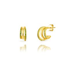 Pendientes Plata Dorada 12mm PEZ1681DOZV Triple Banda Circonitas Verdes