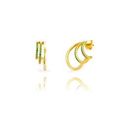 Pendientes Plata Dorada 16mm PEZ1693DOZV Triple Banda Circonitas verdes