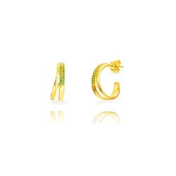 Pendientes Plata Dorada 18mm PEZ1692DOZV Doble Banda Circonitas Verdes