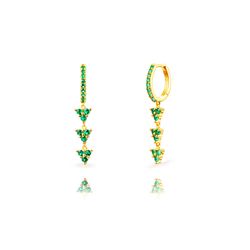 Pendientes Plata Dorada 25mm PEZ1654DOZV Aro Colgante Triple Triángulo Circonitas Verdes