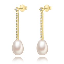 Pendientes Plata Dorada Barra Circonitas Perlas Cultivadas 31mm PEM0281DOPA