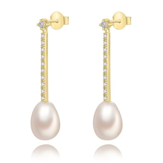 Pendientes Plata Dorada Barra Circonitas Perlas Cultivadas 31mm PEM0281DOPA